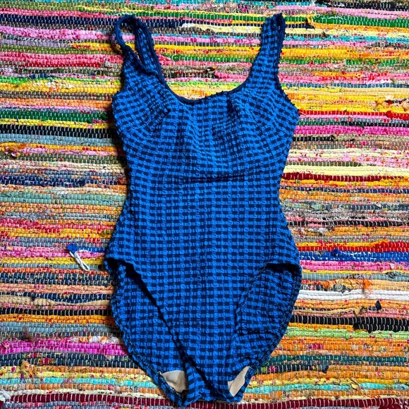 Vintage Ruched Blue Checkered One-Piece Swimsuit – Fits Like Small - Picture 1 of 4